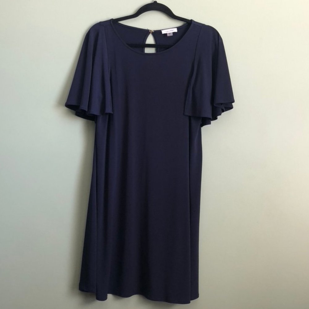 Navy Blue Career Mini Dress w Flutter Sleeves S 8